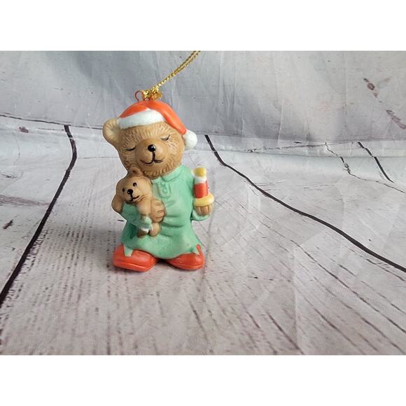 Sleepy Teddy Bear Ceramic Ornament Hand-Painted Christmas Santa Hat Candle 1990s - Picture 1 of 7